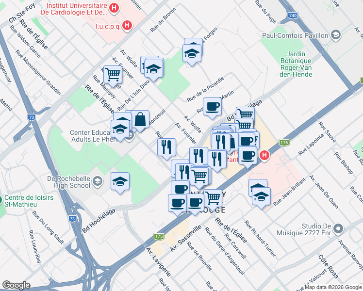 map of restaurants, bars, coffee shops, grocery stores, and more near 2841 Rue Wilfrid-Légaré in Québec