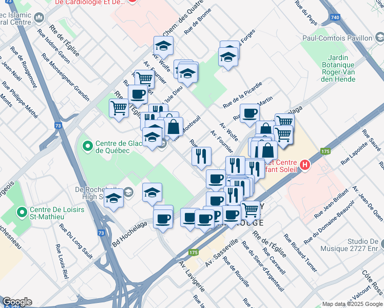 map of restaurants, bars, coffee shops, grocery stores, and more near 2855 Rue le Noblet in Québec