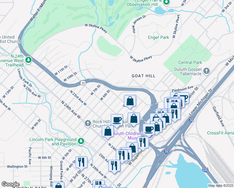 map of restaurants, bars, coffee shops, grocery stores, and more near 2029 West 5th Street in Duluth