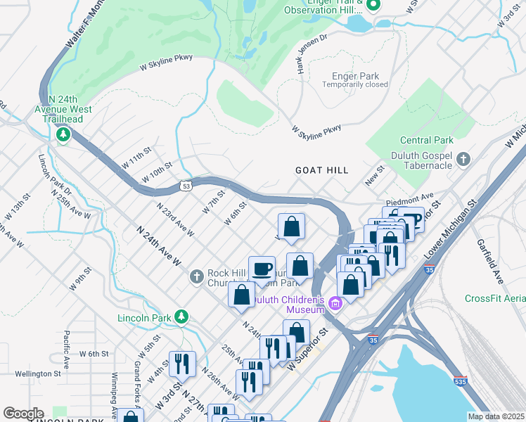 map of restaurants, bars, coffee shops, grocery stores, and more near 2108 West 5th Street in Duluth
