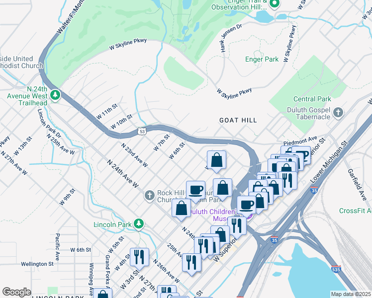 map of restaurants, bars, coffee shops, grocery stores, and more near 2108 West 5th Street in Duluth