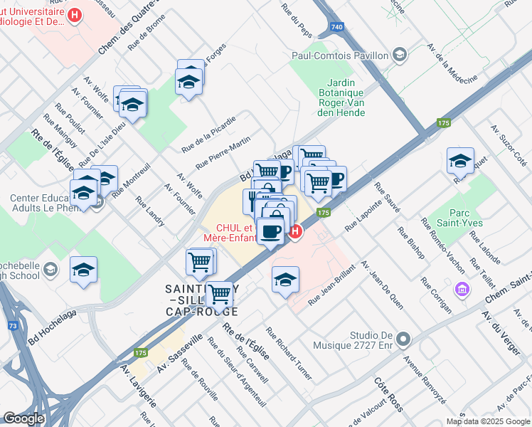 map of restaurants, bars, coffee shops, grocery stores, and more near 2700 Boulevard Laurier in Québec