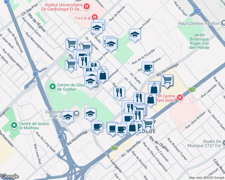 map of restaurants, bars, coffee shops, grocery stores, and more near 2855 Rue le Noblet in Quebec