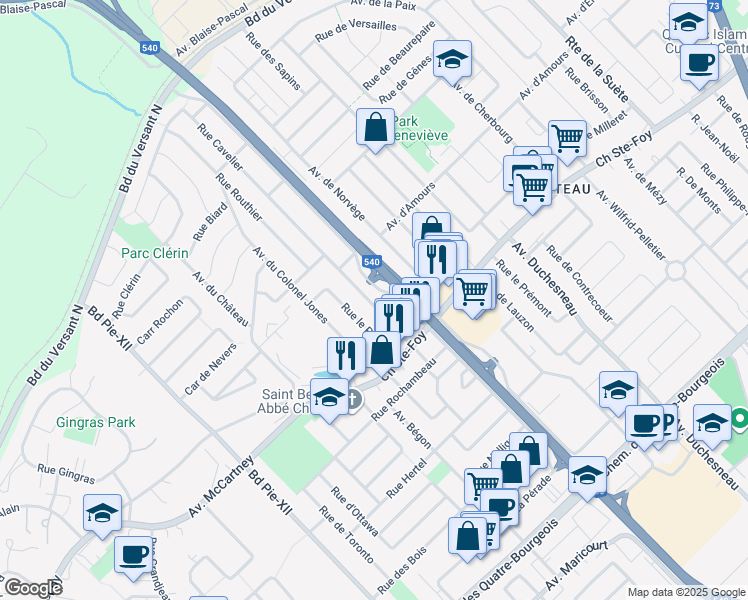map of restaurants, bars, coffee shops, grocery stores, and more near 763 Rue Cavelier in Ville de Québec