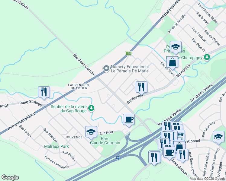 map of restaurants, bars, coffee shops, grocery stores, and more near 549 Route Jean-Gauvin in Québec