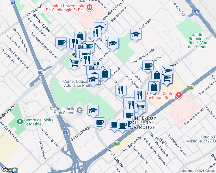 map of restaurants, bars, coffee shops, grocery stores, and more near 1081 Route de l'Église in Québec