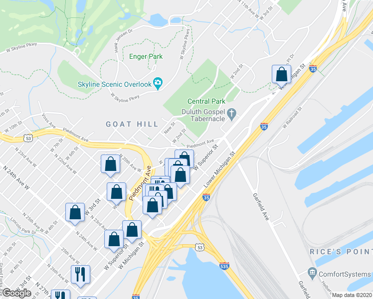 map of restaurants, bars, coffee shops, grocery stores, and more near 118-1/2 Park Avenue in Duluth