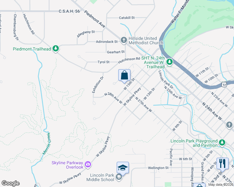 map of restaurants, bars, coffee shops, grocery stores, and more near 2628 West 16th Street in Duluth