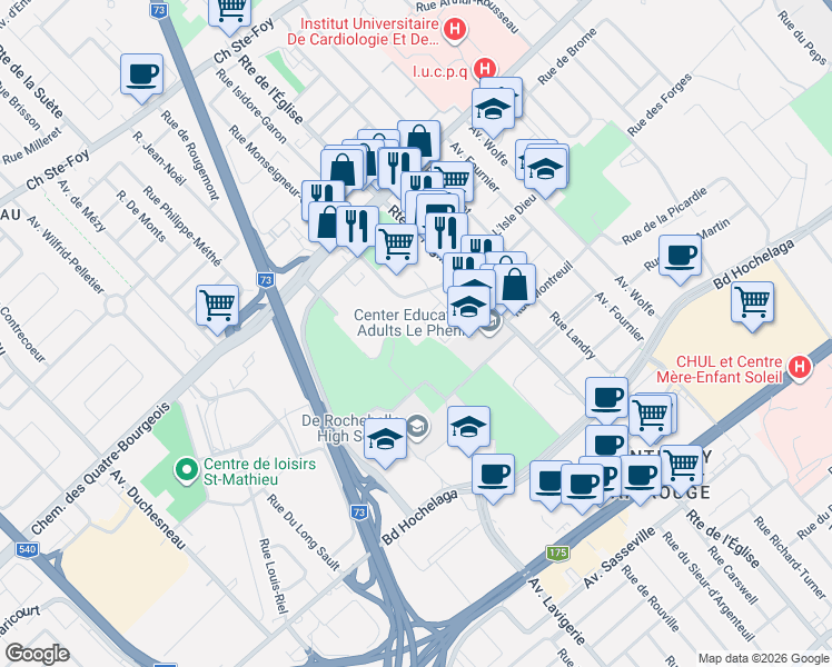 map of restaurants, bars, coffee shops, grocery stores, and more near 960 Avenue Roland-Beaudin in Québec City