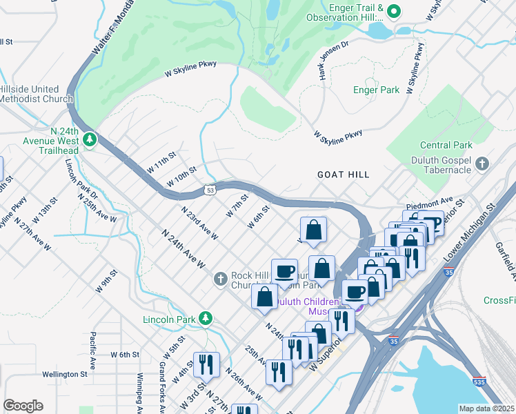 map of restaurants, bars, coffee shops, grocery stores, and more near 621 Piedmont Avenue in Duluth
