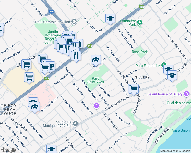 map of restaurants, bars, coffee shops, grocery stores, and more near 2519 Rue Triquet in Quebec