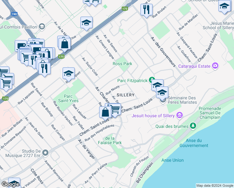 map of restaurants, bars, coffee shops, grocery stores, and more near 2408 Rue Maritain in Québec