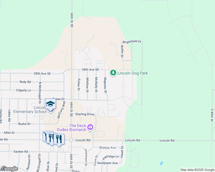 map of restaurants, bars, coffee shops, grocery stores, and more near 2979 Majestic Street in Bismarck