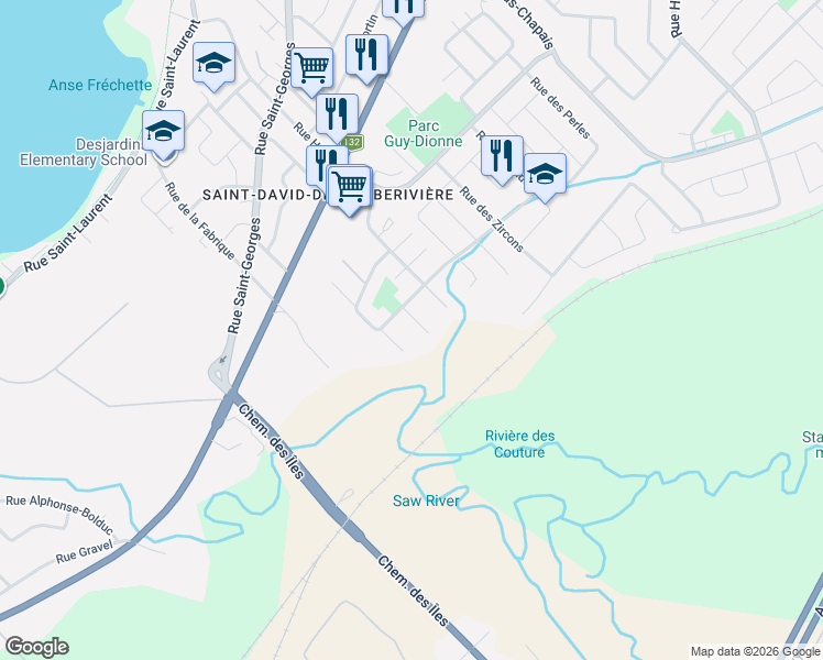 map of restaurants, bars, coffee shops, grocery stores, and more near 1365 Rue des Aigues Marines in Lévis