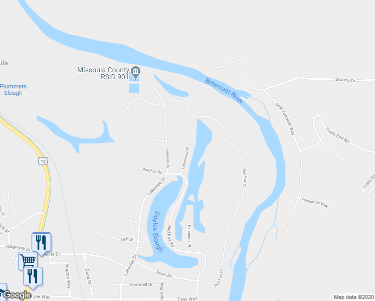 map of restaurants, bars, coffee shops, grocery stores, and more near Lakewood Place in Lolo