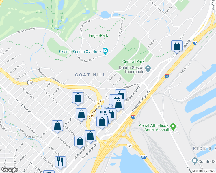 map of restaurants, bars, coffee shops, grocery stores, and more near 1806 West 3rd Street in Duluth