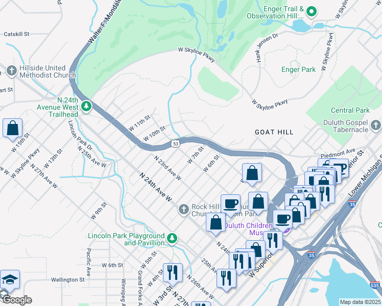 map of restaurants, bars, coffee shops, grocery stores, and more near 2115 West 7th Street in Duluth