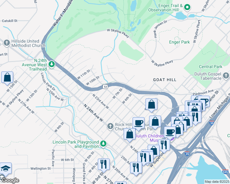 map of restaurants, bars, coffee shops, grocery stores, and more near 2115 West 7th Street in Duluth