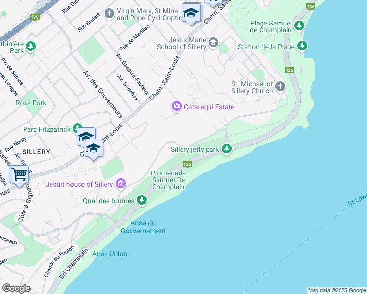 map of restaurants, bars, coffee shops, grocery stores, and more near 2200 Chemin du Foulon in Sillery