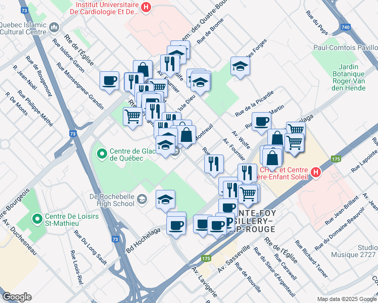 map of restaurants, bars, coffee shops, grocery stores, and more near 2855 Rue Montreuil in Ville de Québec