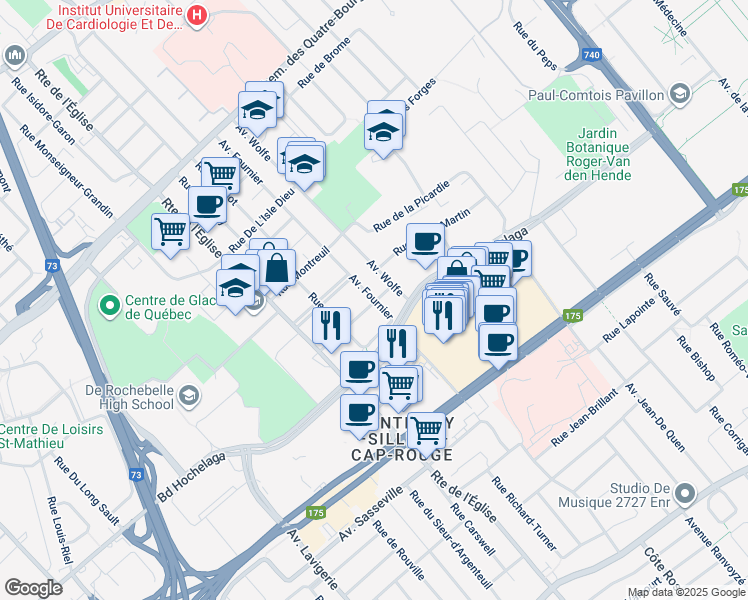 map of restaurants, bars, coffee shops, grocery stores, and more near 1080 Avenue Fournier in Quebec