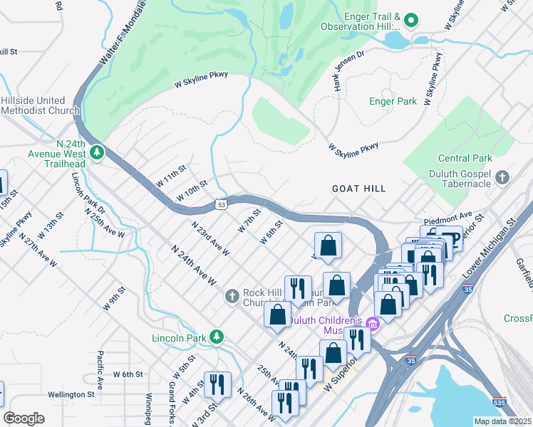 map of restaurants, bars, coffee shops, grocery stores, and more near 621 Piedmont Avenue in Duluth