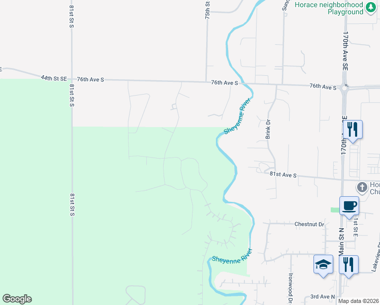 map of restaurants, bars, coffee shops, grocery stores, and more near 7635 Shadow Lane in Horace