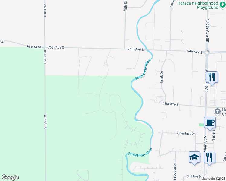 map of restaurants, bars, coffee shops, grocery stores, and more near 7635 Shadow Lane in Horace