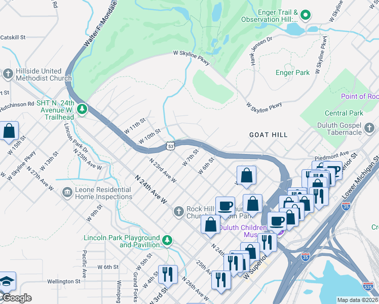 map of restaurants, bars, coffee shops, grocery stores, and more near 2115 West 7th Street in Duluth