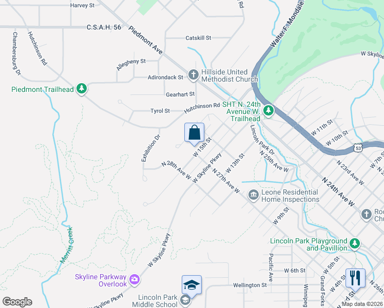 map of restaurants, bars, coffee shops, grocery stores, and more near 2631 West 15th Street in Duluth