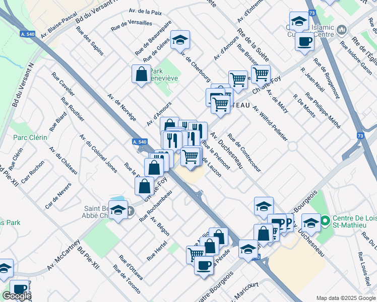 map of restaurants, bars, coffee shops, grocery stores, and more near Chemin Sainte-Foy in Québec