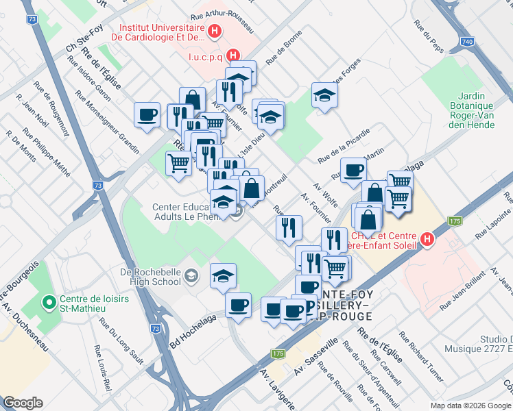 map of restaurants, bars, coffee shops, grocery stores, and more near 2855 Rue Montreuil in Québec