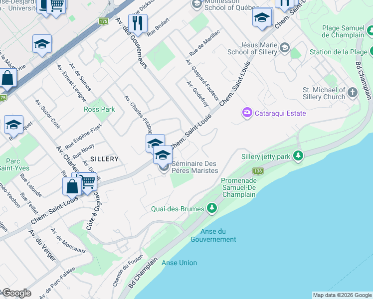 map of restaurants, bars, coffee shops, grocery stores, and more near 2285 Chemin Saint-Louis in Québec