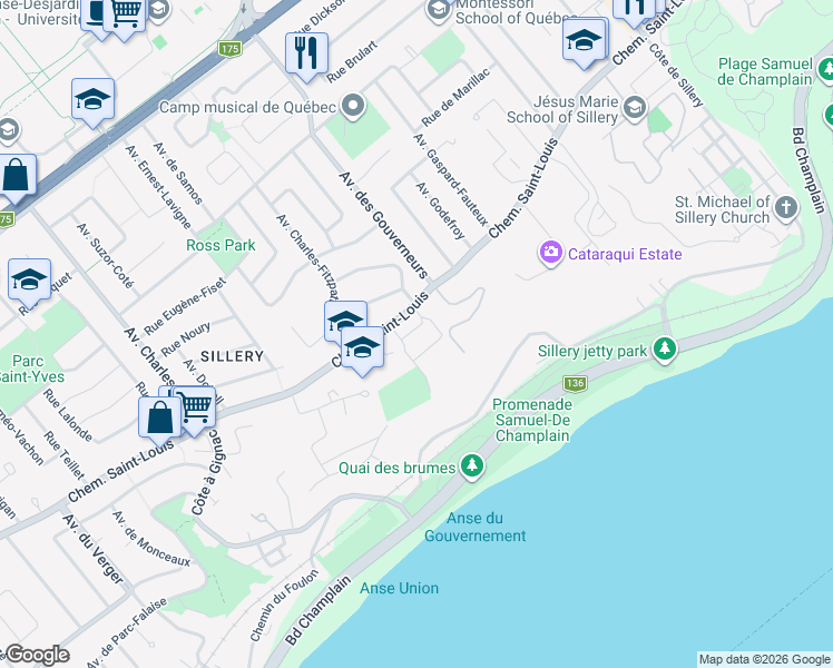 map of restaurants, bars, coffee shops, grocery stores, and more near 2285 Chemin Saint-Louis in Québec