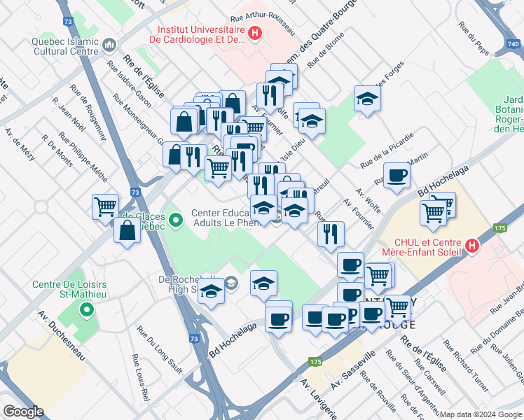 map of restaurants, bars, coffee shops, grocery stores, and more near 1020 Route de l'Église in Québec