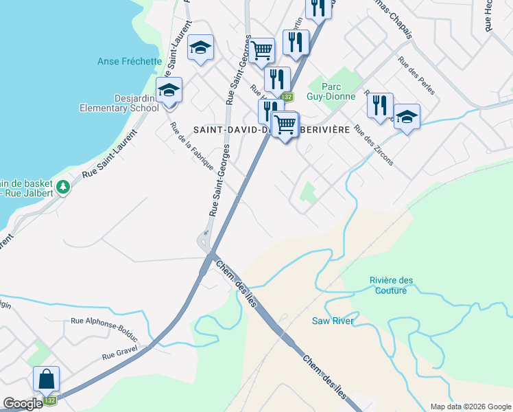 map of restaurants, bars, coffee shops, grocery stores, and more near 4 Rue des Émeraudes in Lévis
