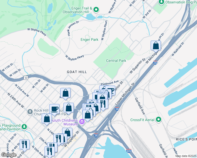 map of restaurants, bars, coffee shops, grocery stores, and more near 1727 West 2nd Street in Duluth