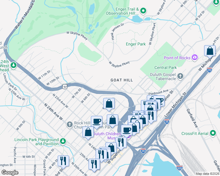 map of restaurants, bars, coffee shops, grocery stores, and more near in Duluth