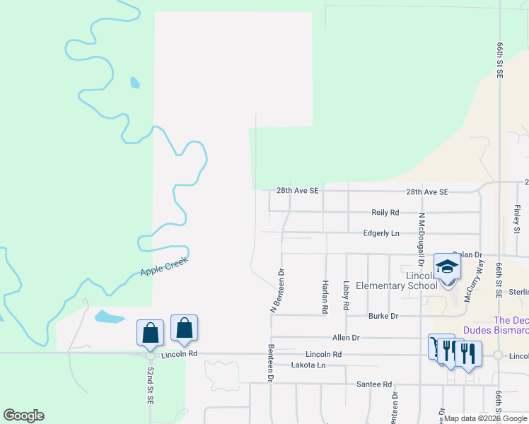 map of restaurants, bars, coffee shops, grocery stores, and more near 5815 Reily Road in Bismarck