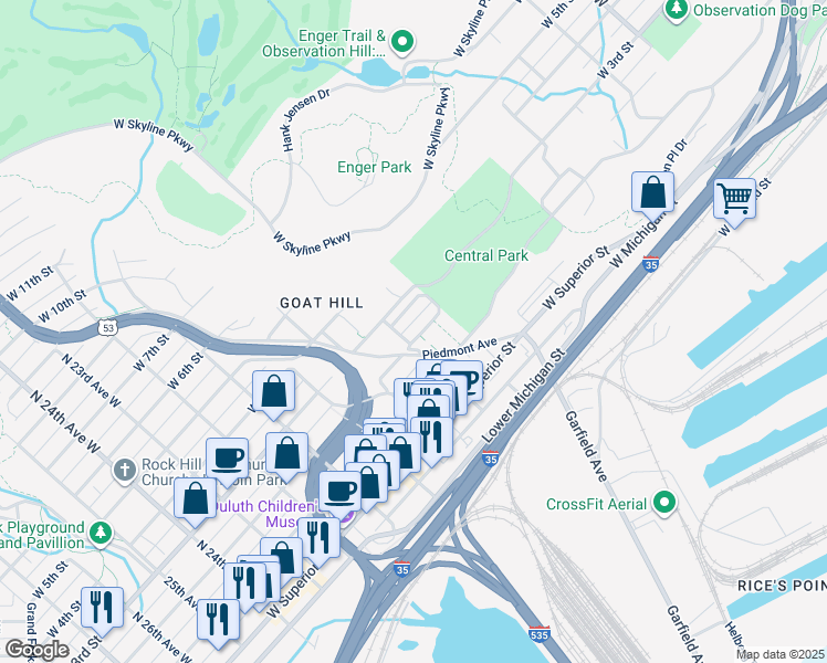 map of restaurants, bars, coffee shops, grocery stores, and more near 1727 West 2nd Street in Duluth