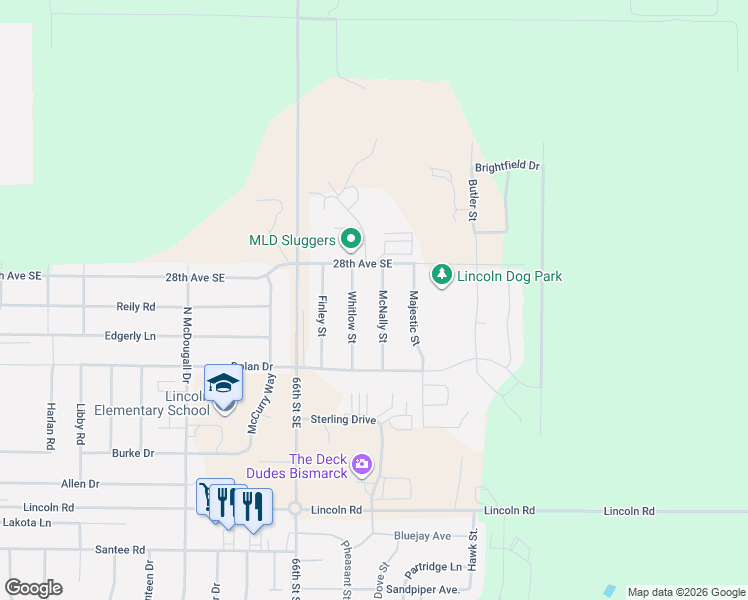 map of restaurants, bars, coffee shops, grocery stores, and more near McNally Street in Lincoln