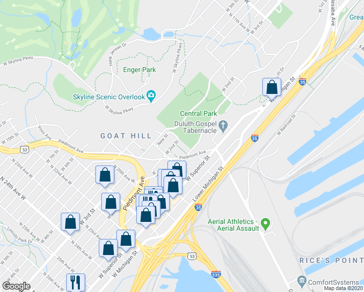 map of restaurants, bars, coffee shops, grocery stores, and more near 118-1/2 Park Avenue in Duluth