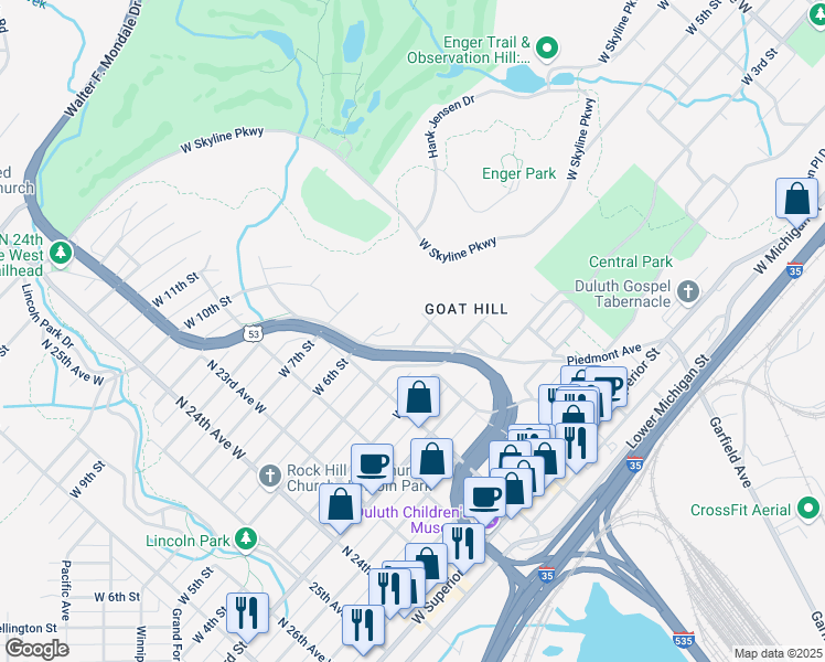 map of restaurants, bars, coffee shops, grocery stores, and more near 509 North 19th Avenue West in Duluth