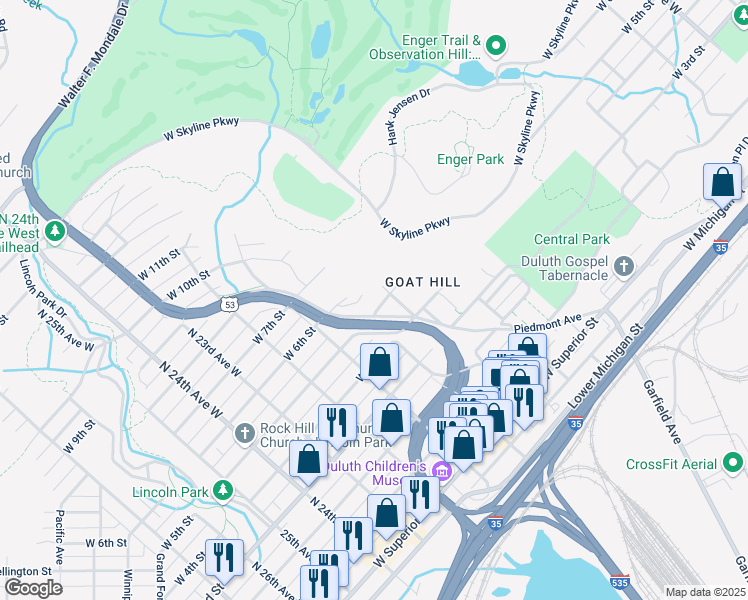 map of restaurants, bars, coffee shops, grocery stores, and more near 509 North 19th Avenue West in Duluth