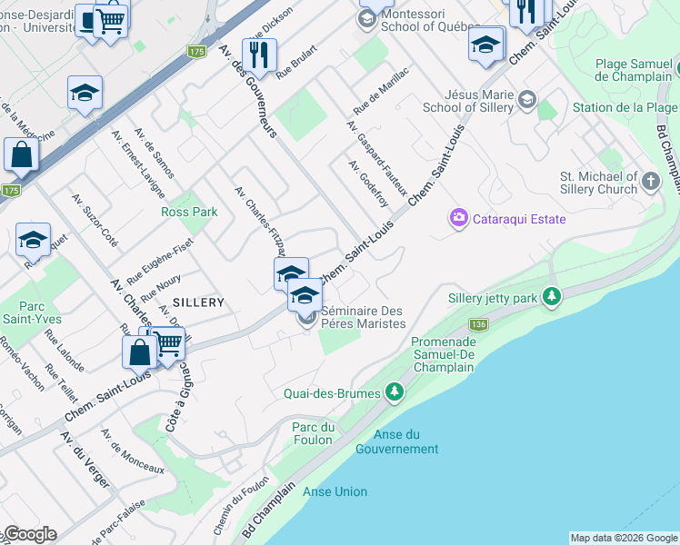 map of restaurants, bars, coffee shops, grocery stores, and more near 2285 Chemin Saint-Louis in Québec