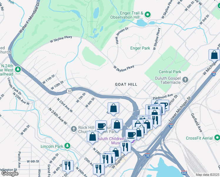 map of restaurants, bars, coffee shops, grocery stores, and more near 509 North 19th Avenue West in Duluth