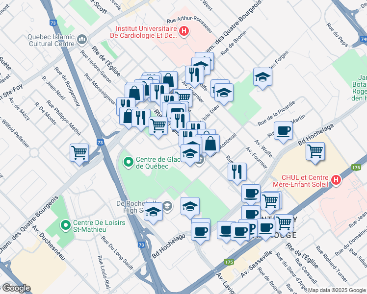 map of restaurants, bars, coffee shops, grocery stores, and more near 1020 Route de l'Église in Québec