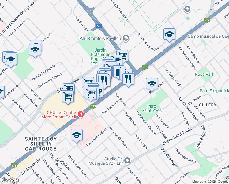 map of restaurants, bars, coffee shops, grocery stores, and more near Boulevard Laurier in Quebec