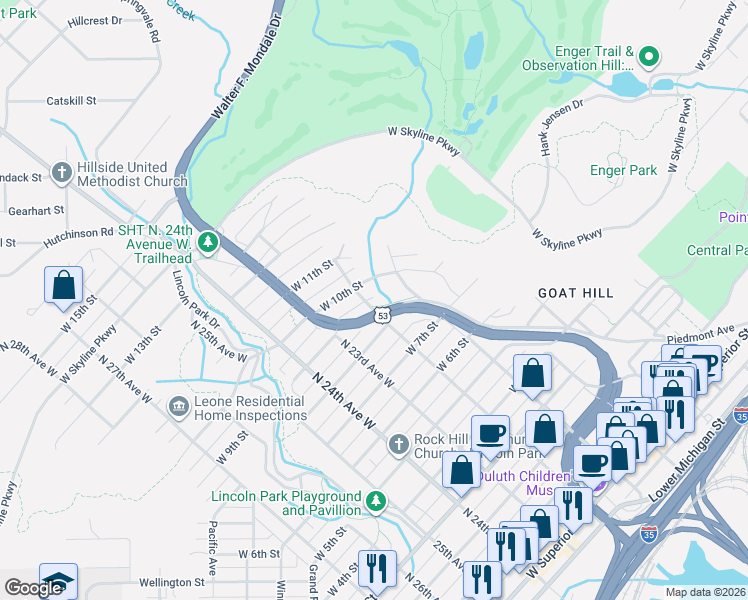 map of restaurants, bars, coffee shops, grocery stores, and more near 2009 West 8th Street in Duluth