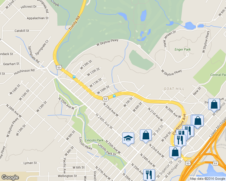 map of restaurants, bars, coffee shops, grocery stores, and more near 2009 West 8th Street in Duluth